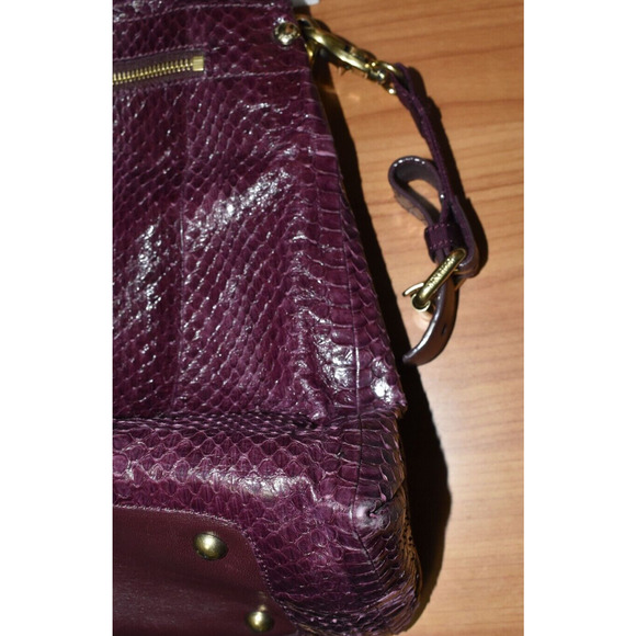 Auth NINA RICCI Drk Raspberry Python Texture Leather Fold Over Liane Satchel Bag - Picture 11 of 12
